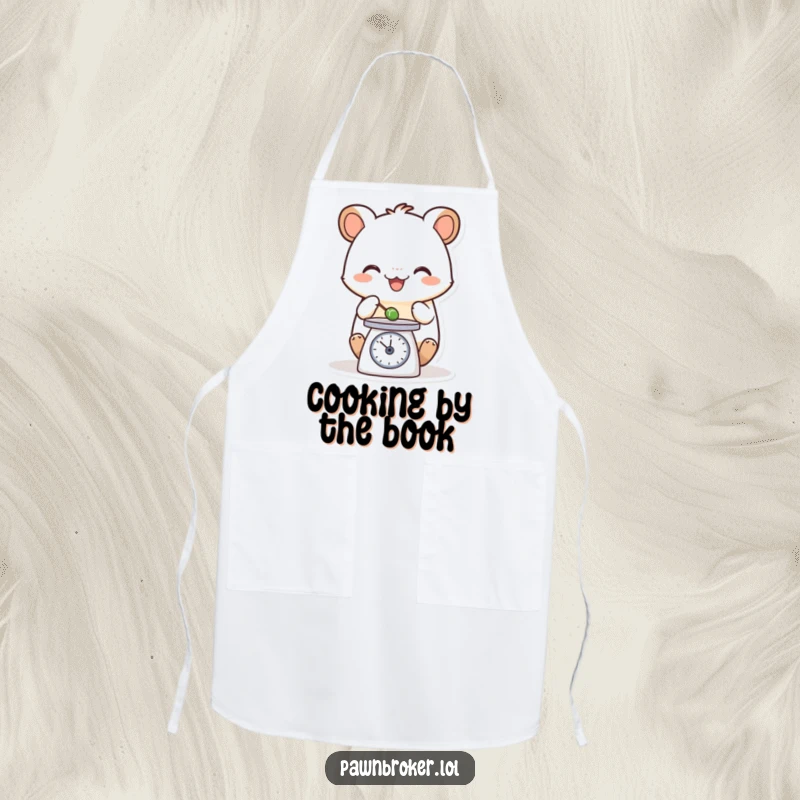 Funny apron featuring a happy creature carefully weighing a tiny object on a small scale, ideal for chefs who love adding precision humor.