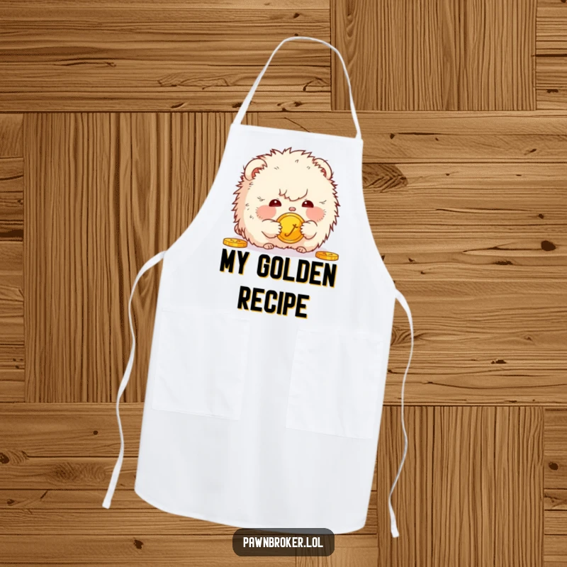 Funny apron featuring a fluffy creature gazing curiously at a golden coin, ideal for chefs who love to add financial humor to their kitchen.
