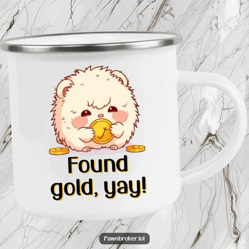 Funny camping mug depicting a fluffy creature gazing intently at a golden coin, designed for adventurers who appreciate humor and value.