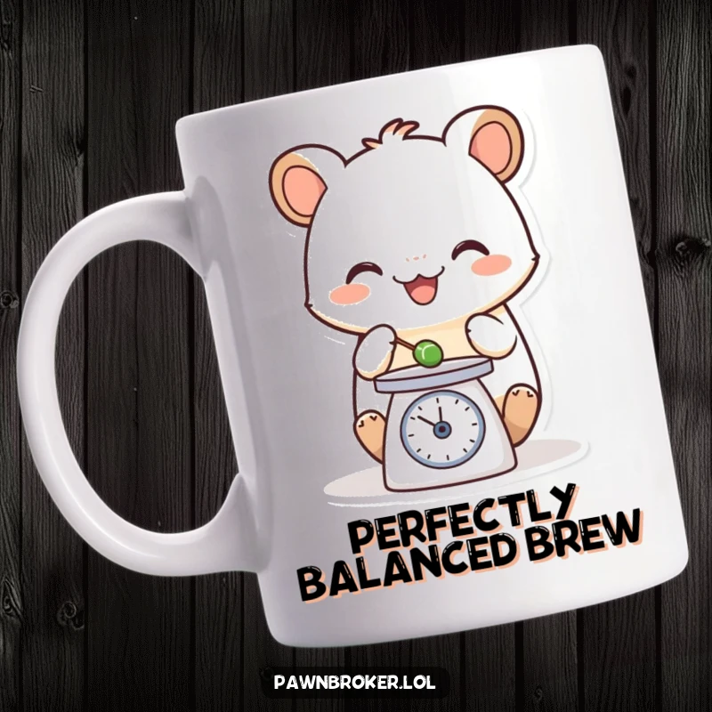 Funny mug featuring a happy creature carefully weighing a tiny object on a small scale, symbolizing balance and humorous precision.