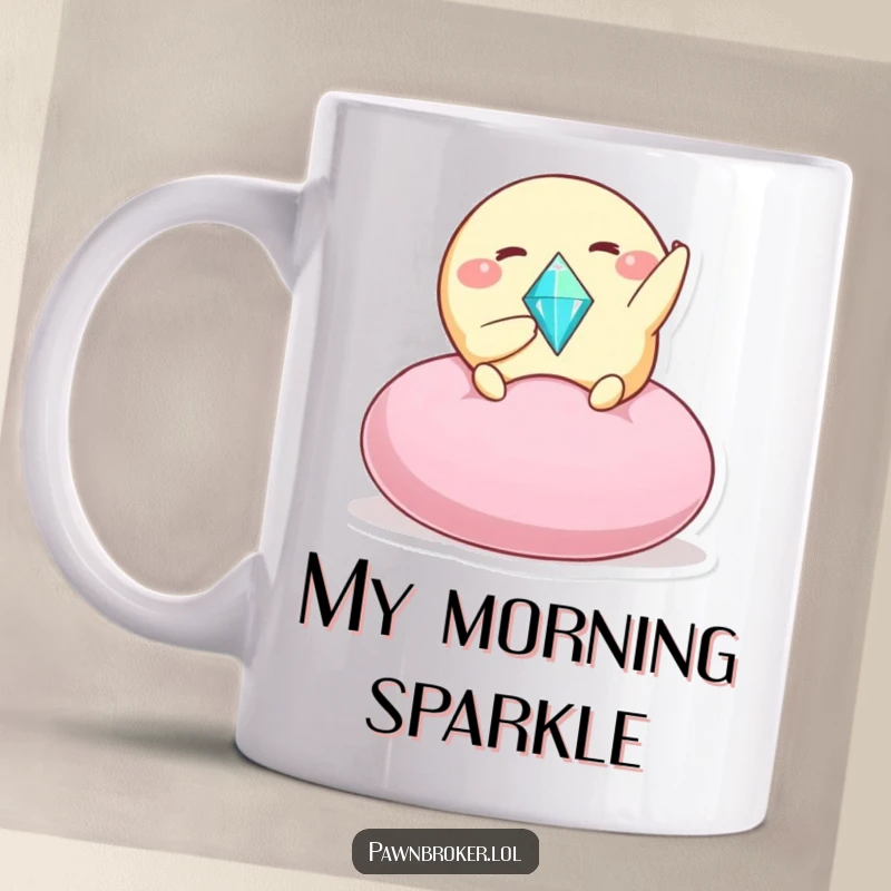 Funny mug with a round creature excitedly offering a sparkling gem on a plush cushion, symbolizing generosity and humorous delight.