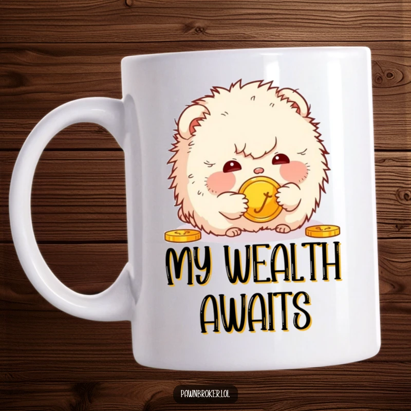 Funny mug featuring a small, fluffy creature gazing curiously at a golden coin, symbolizing wonder and humorous financial contemplation.
