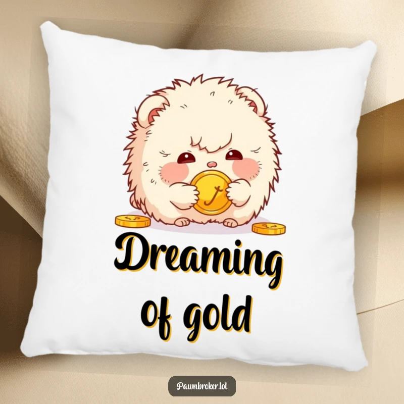 Funny pillow showcasing a fluffy creature looking intently at a golden coin, providing comfort and a humorous visual accent.