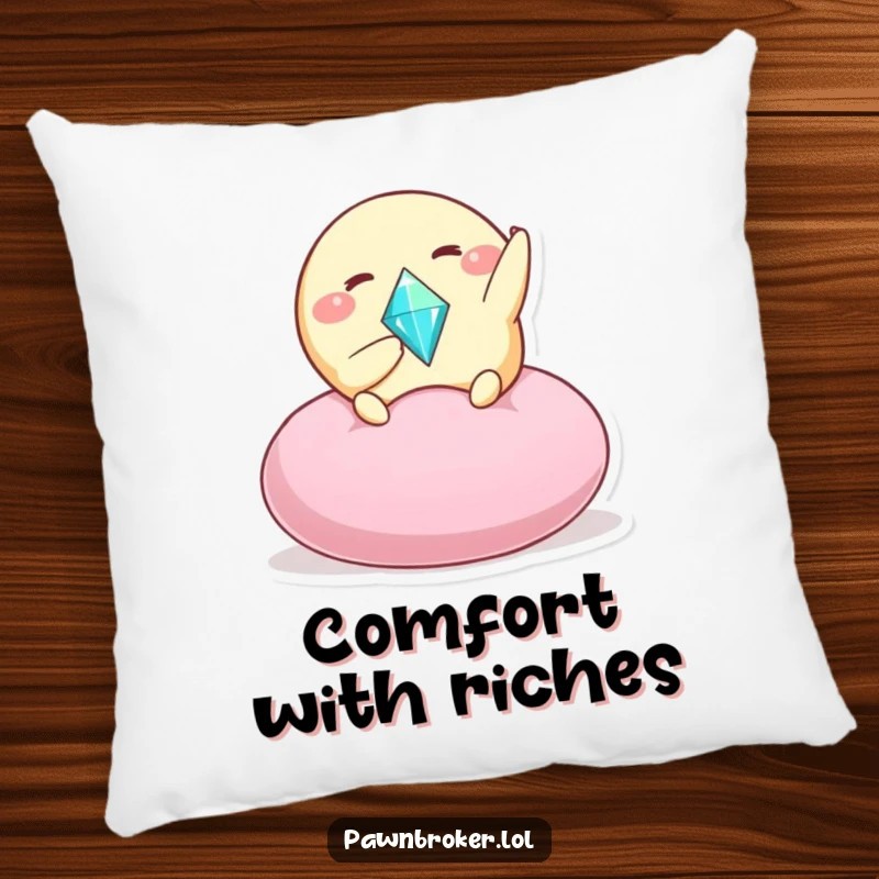Funny pillow showcasing a cheerful creature offering a sparkling gem on a cushion, providing comfort and a humorous visual accent.