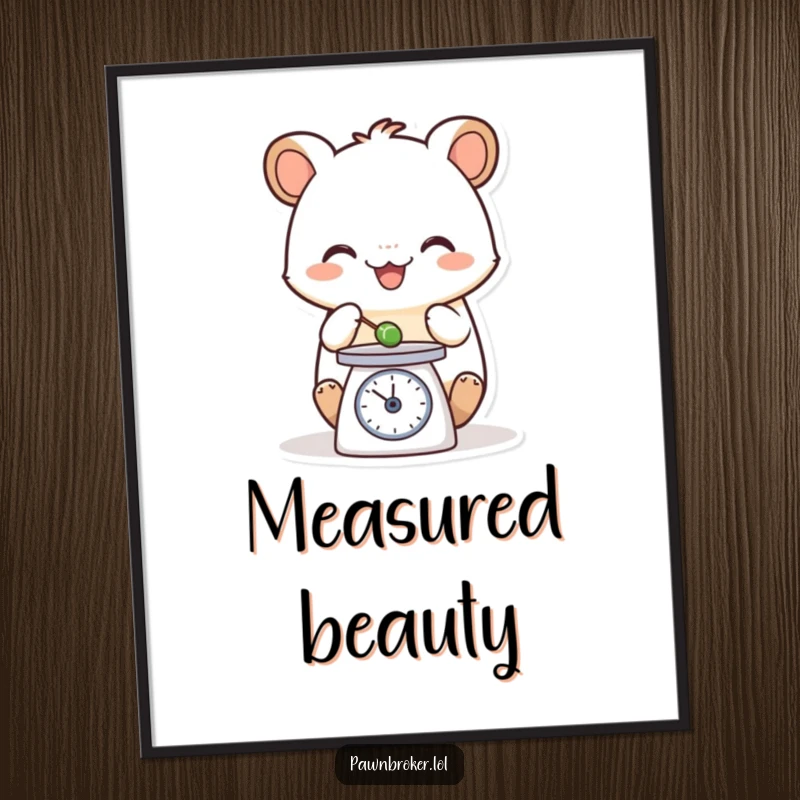 Funny digital art print of a happy creature carefully weighing a tiny object on a small scale, creating an atmosphere of calm and humor.