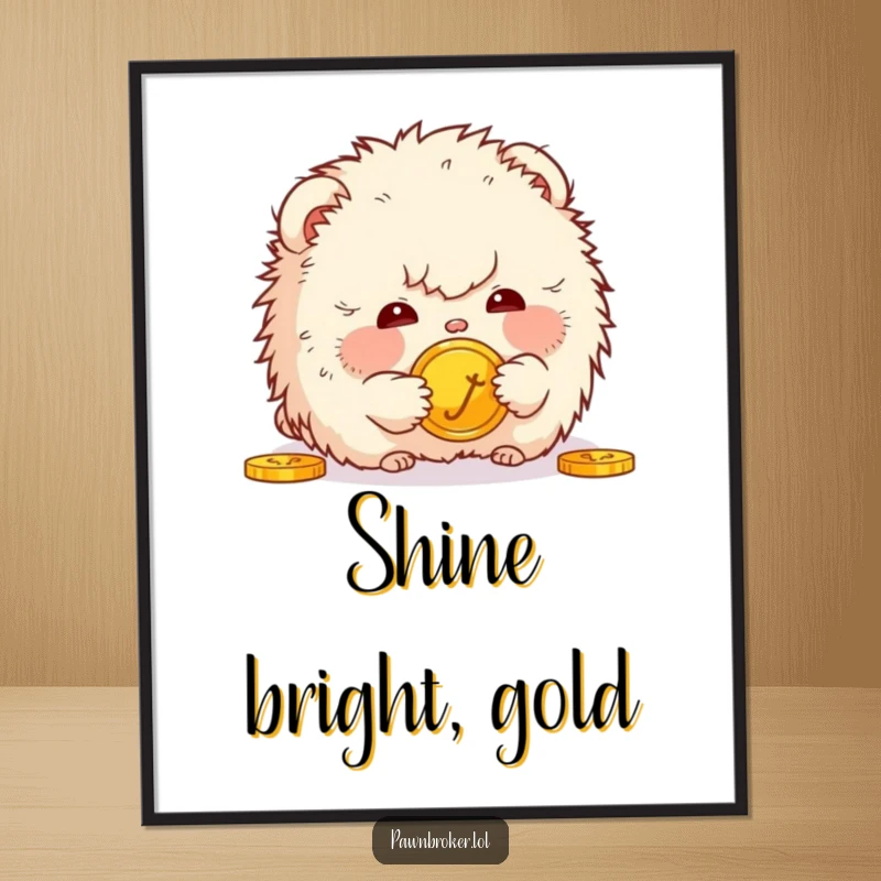 Funny digital art print of a small, fluffy creature gazing with intense curiosity at a golden coin, creating an atmosphere of wonder and humor.
