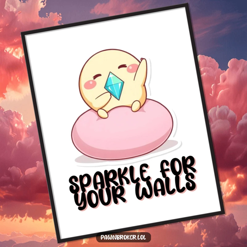 Funny digital art print of a round creature excitedly offering a sparkling gem on a plush cushion, creating an atmosphere of delight and humor.