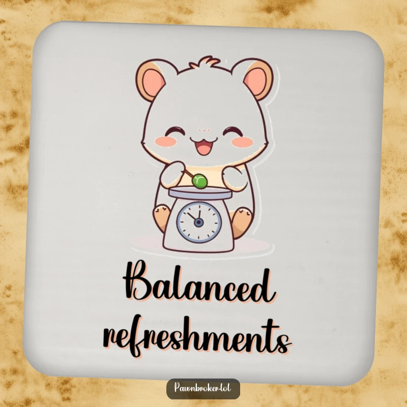 Funny drink coaster featuring a happy creature carefully weighing a tiny object on a small scale, adding a humorous and precise touch.