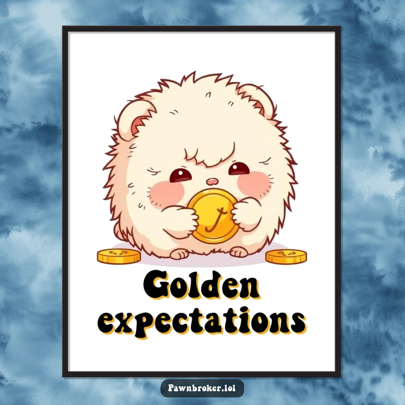 Funny poster featuring a small, fluffy creature gazing with intense curiosity at a shiny golden coin, capturing a moment of humorous wonder.