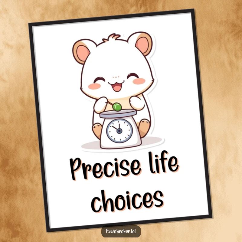 Funny poster featuring a happy creature carefully weighing a tiny object on a small scale, capturing a moment of humorous precision.