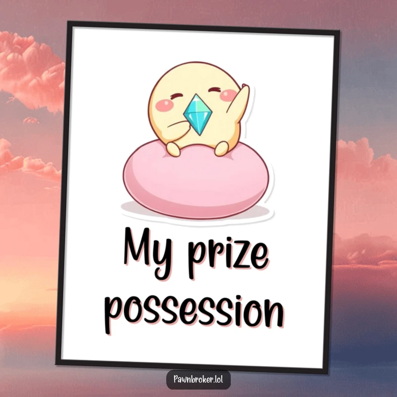 Funny poster featuring a round creature excitedly presenting a sparkling gem on a plush cushion, capturing a moment of humorous generosity.