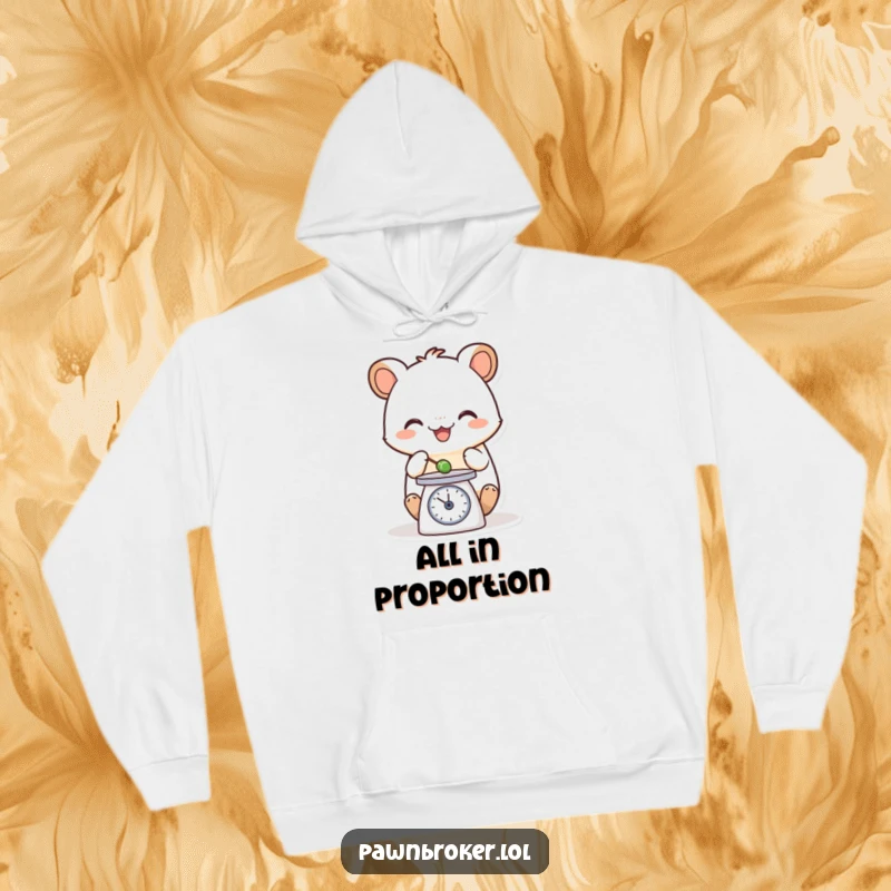 Funny hoodie featuring a cheerful creature carefully balancing an object on a small scale, radiating calm and humorous meticulousness.