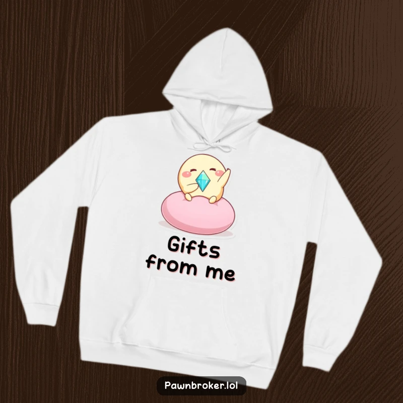 Funny hoodie featuring a cheerful creature holding a dazzling gem on a cushion, radiating warmth and humorous opulence.