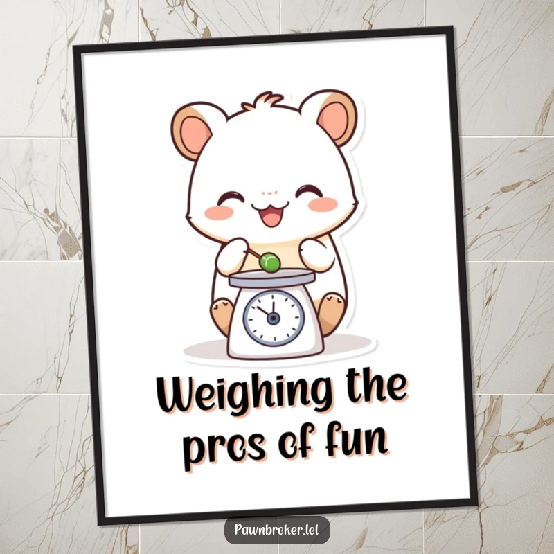 Funny Free Printable Wall Art: happy creature carefully weighing a tiny object on a small scale. Humorous, downloadable art for your home.