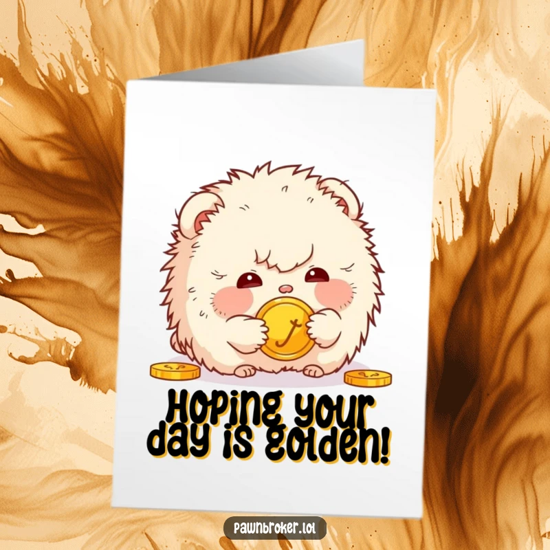 Funny Free Printable Birthday Card: fluffy creature gazing curiously at a golden coin. A humorous and treasure-filled downloadable.