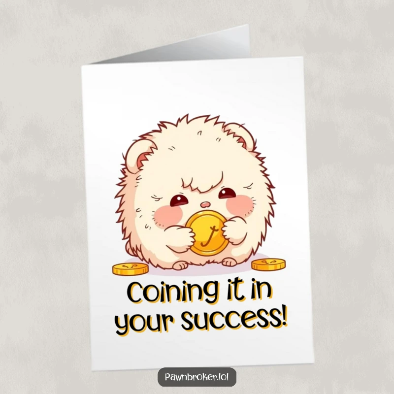 Funny Free Printable Congratulations Card: small creature gazing curiously at a golden coin. A lucky and humorous downloadable.