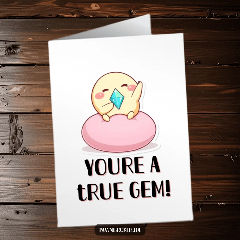 Funny Free Printable Congratulations Card: round creature excitedly offering a sparkling gem on a cushion. A glamorous downloadable greeting.