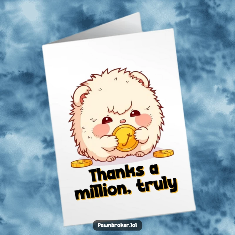 Funny Free Printable Thank You Card: fluffy creature gazing curiously at a golden coin. A humorous and thankful downloadable.
