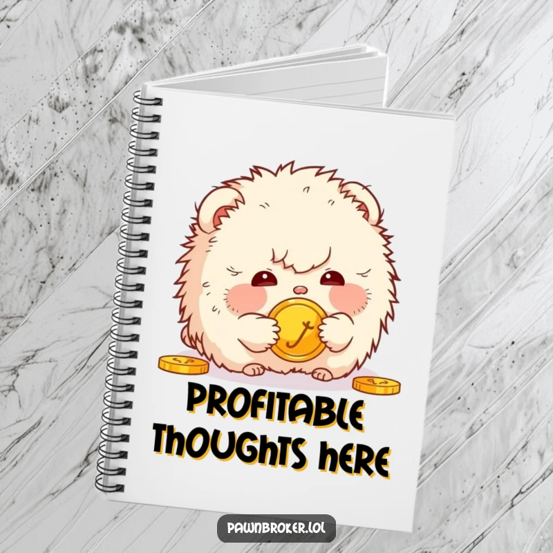 Funny notebook cover featuring a fluffy creature gazing curiously at a golden coin, perfect for capturing thoughts with a touch of financial humor.