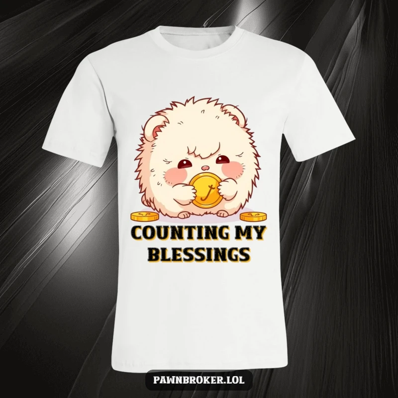 Funny t-shirt depicting a fluffy creature intently looking at a shiny golden coin, exuding wonder and comedic fascination.