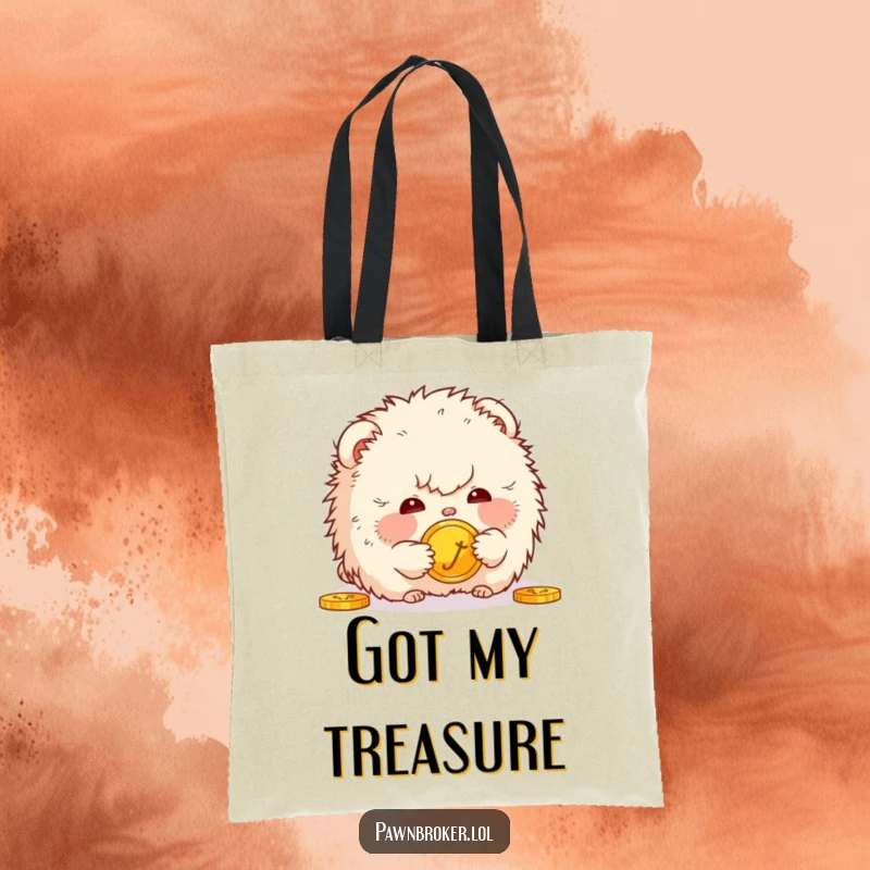 Funny tote bag with a fluffy creature gazing curiously at a golden coin, perfect for carrying essentials with a touch of financial humor.