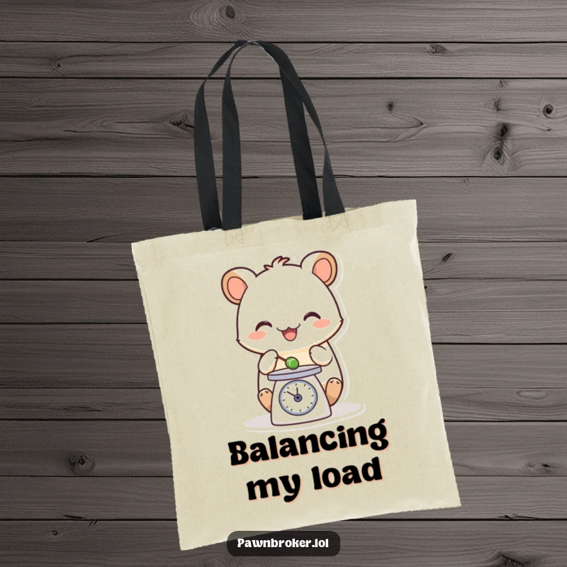 Funny tote bag with a happy creature carefully weighing a tiny object on a small scale, perfect for carrying essentials with a touch of precision.