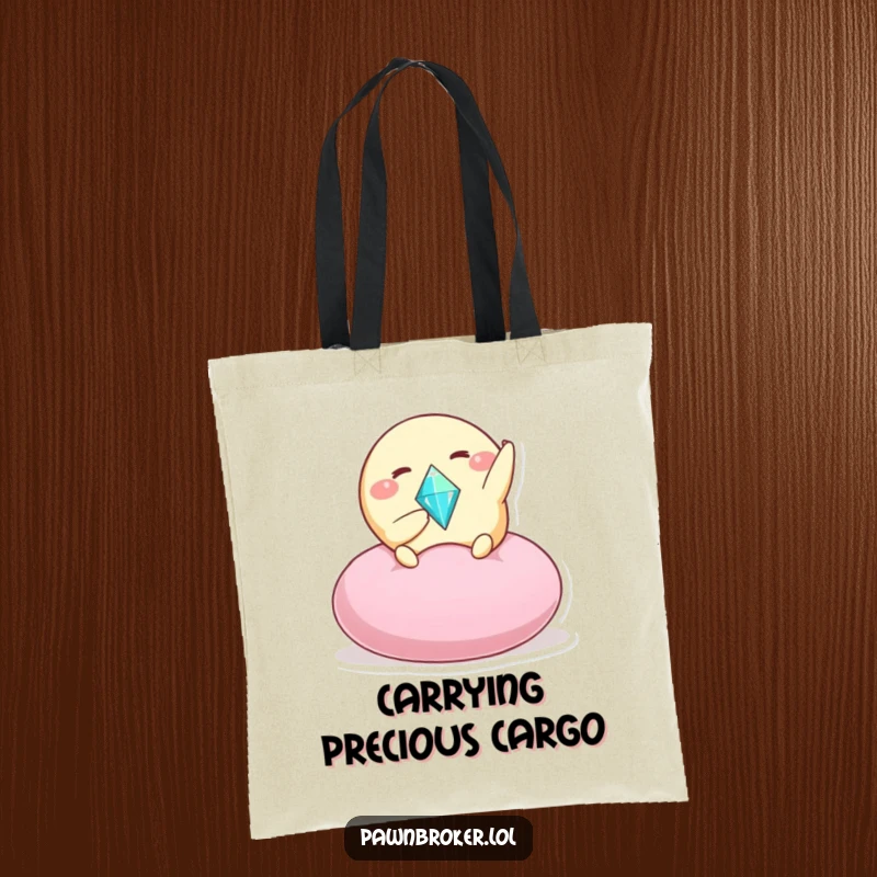 Funny tote bag with a round creature offering a sparkling gem on a plush cushion, perfect for carrying essentials with a touch of humor.